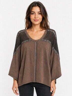 POL Brown Oversized Mesh Eyelet Detail Boho Top Small NWOT